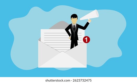 Empresario parado en el sobre del email que anuncia la promoción a través de