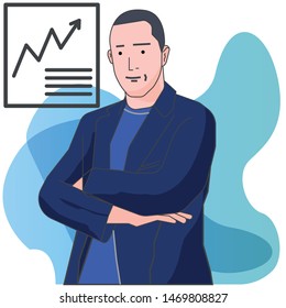 Businessman standing with folded arms. Dark suit, violet t shirt. Front view. Flat vector illustration