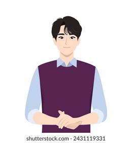 Businessman standing with folded arms pose. Korean hairstyle and looks. Flat vector illustration isolated on white background