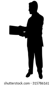 Businessman standing with folder in hands over white background