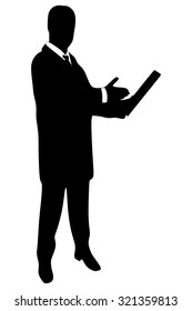 Businessman standing with folder in hands over white background