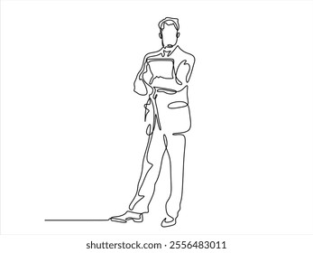 Businessman standing with a folder in his hands. Business concept. Continuous line drawing.	