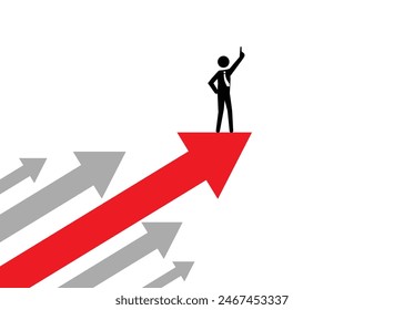 a businessman standing at the forefront of a big arrow graph, followed by other arrows behind him, representing victory in business competition and becoming the leading, top, and most successful man s