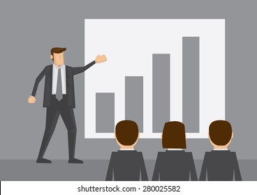 Businessman standing in front of bar chart do presentation to other business people. Cartoon vector illustration isolated on grey background.
