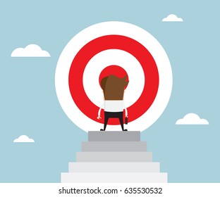 businessman standing in front of big target on top of stairs business concept vector illustration