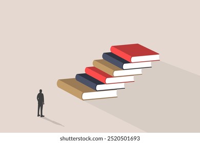 businessman standing in front the books. concept of success, education level and skill development