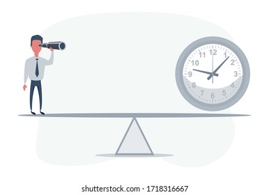 Businessman standing in front of clock. Businessman looking in future on seesaw. Man using telescope looking for success, opportunities, future business trends. Vision concept.