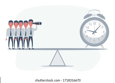 Businessman standing in front of clock. Businessman looking in future on seesaw. Man using telescope looking for success, opportunities, future business trends. Vision concept.