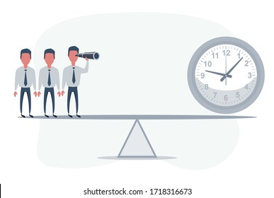 Businessman standing in front of clock. Businessman looking in future on seesaw. Man using telescope looking for success, opportunities, future business trends. Vision concept.
