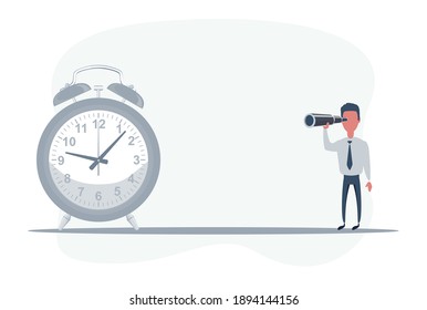 Geschäftsmann, der vor der Uhr steht. Geschäftsmann, der in die Zukunft schaut. Der Mensch, der Teleskop nutzt, sucht nach Erfolg, Chancen, zukünftigen Geschäftstrends. Vision Konzept.