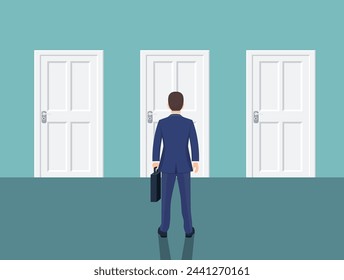 Businessman standing in front closed doors. Choice way concept. Human before choosing. Decide direction. Vector illustration flat style