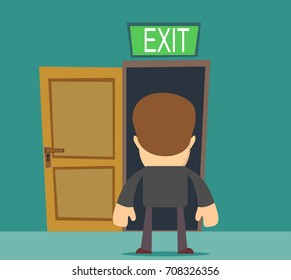 businessman standing in front of closed doors. Stock vector illustration for poster, greeting card, website, ad, business presentation, advertisement design.