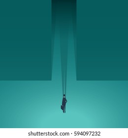 Businessman standing in front of dark corridor as a symbol of business adventure, risk, challenge, opportunity in professional career. Eps10 vector illustration.