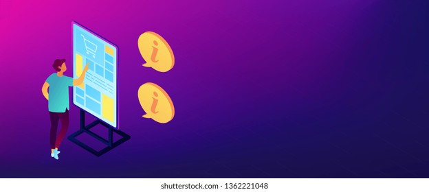 Businessman standing in front of digital guide screen looking for information. Digital guide, mobile guide app, interactive tour concept. Isometric 3D banner header template copy space.