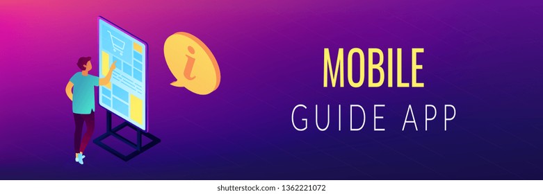 Businessman standing in front of digital guide screen looking for information. Digital guide, mobile guide app, interactive tour concept. Isometric 3D banner header template copy space.