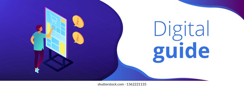 Businessman standing in front of digital guide screen looking for information. Digital guide, mobile guide app, interactive tour concept. Isometric 3D banner header template copy space.