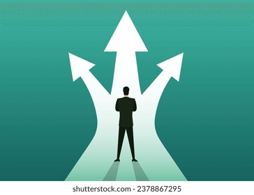 businessman standing in front of the direction choice crossroads business decision symbol