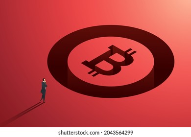 Businessman Standing In Front Of Giant Bitcoin Token, Investing On Cryptocurrency Risk, Volatility. Isometric Vector Illustration.