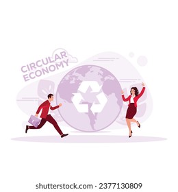 El hombre de negocios se encuentra frente al mundo con un símbolo de economía circular. Concepto de economía circular. Ilustración plana vectorial moderna de tendencia