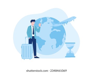 Businessman standing in front of a globe with a suitcase trending concept flat illustration