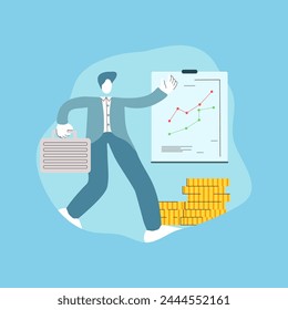 A businessman is standing in front of a graphs board and coins.