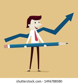 Businessman standing in front of growing graph or chart and holding pencil