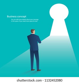 Businessman Standing In Front Of Key Hole Door , Business Concept Vector Illustration