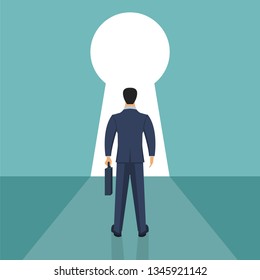 Businessman standing in front of a keyhole. Finding the way.