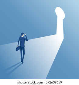 Businessman standing in front of a keyhole which has a bright light isometric illustration. Employee covers eyes from the light pouring from the keyhole. Business concept the solution to the problem