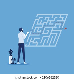 businessman standing in front of labyrinth and trying to find way out, overcoming business challenges and problem solving concept