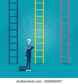 Businessman standing in front of ladders and confused making decision in business illustration. Choices, career growth, confused mind concept. ladder to get success symbol