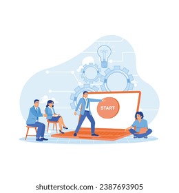 Businessman standing in front of laptop pressing start button on screen. Increasing education and employment in the field of computer technology. Education concept.