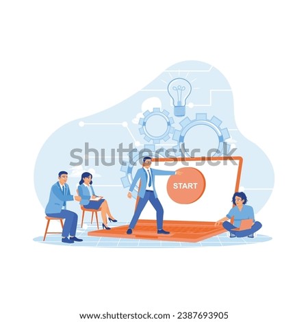 Businessman standing in front of laptop pressing start button on screen. Increasing education and employment in the field of computer technology. Education concept.