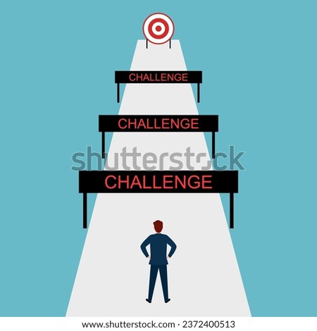 Businessman standing in front of many obstacles and barriers on the way to success. Business challenges.