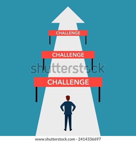 Businessman standing in front of many obstacles and barriers on the way to success. Business challenges.