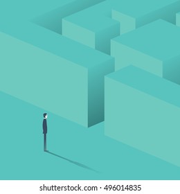 Businessman standing in front of maze. Business concept of strategy, solution finding. Eps10 vector illustration.