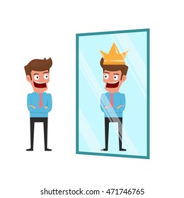 Businessman standing in front of mirror can see successful reflection.  Cartoon Vector Illustration.