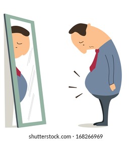 Businessman standing in front of mirror and see himself getting big belly. Oversized and obesity concept. 