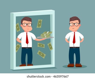 Businessman standing in front mirror and see himself being successful. Business concept. Success reflection. Vector illustration