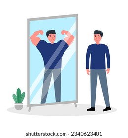 Businessman standing in front of mirror with self confidence in flat design on white background.