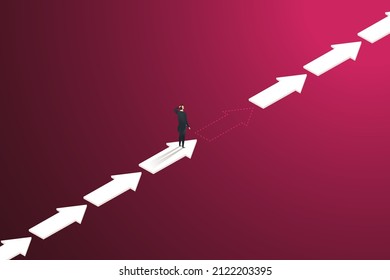 Businessman standing in front of missing arrow. unable to achieve goals blooming business path concept obstacles to success. isometric vector illustration.
