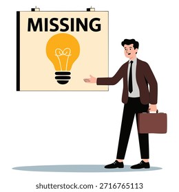Empresário em pé na frente da ideia ausente conceito de cartaz ilustração representando a perda de criatividade resolução de problemas e busca de inspiração em temas de design