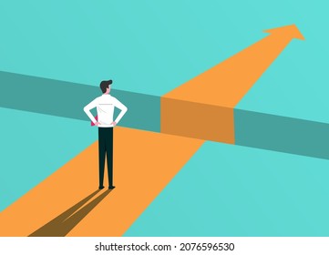 Businessman standing in front of obstacles. Problem and overcoming challenges to be successful, vector illustration