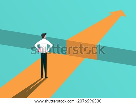 Businessman standing in front of obstacles. Problem and overcoming challenges to be successful, vector illustration