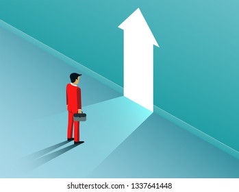businessman standing in front of open arrow door with bright light. business finance success concept. creative idea. leadership. startup. illustration cartoon vector