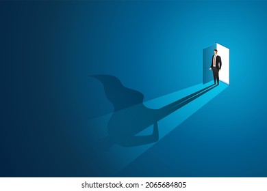 Businessman standing in front of an open door with a superhero reflection on the floor. as symbol fo hope, leadership and courage.isometric illustration vector.