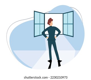 businessman standing in front of open window. businessman standing looking through window concept of looking for new ideas. the concept of seeking new opportunities. business leader.