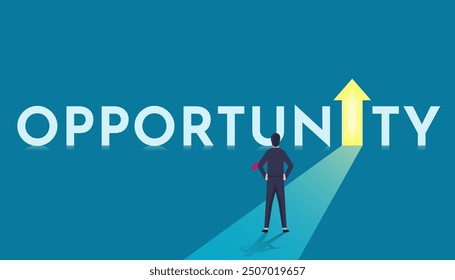 Businessman standing in front of opportunity door with arrow symbol