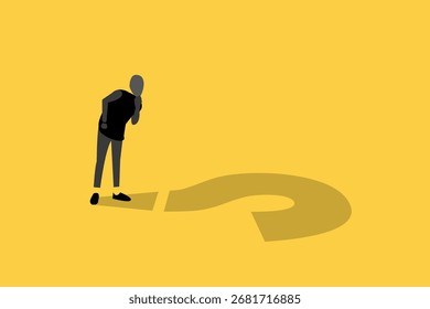 Hombre de negocios delante del signo de interrogación. concepto de futuro empresarial, incertidumbre, desafío, oportunidad y esperanza