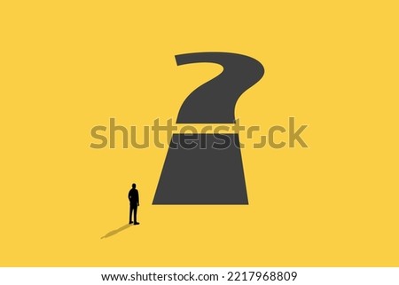 businessman standing front of question mark. concept of business future, uncertainty, challenge, opportunity and hope.